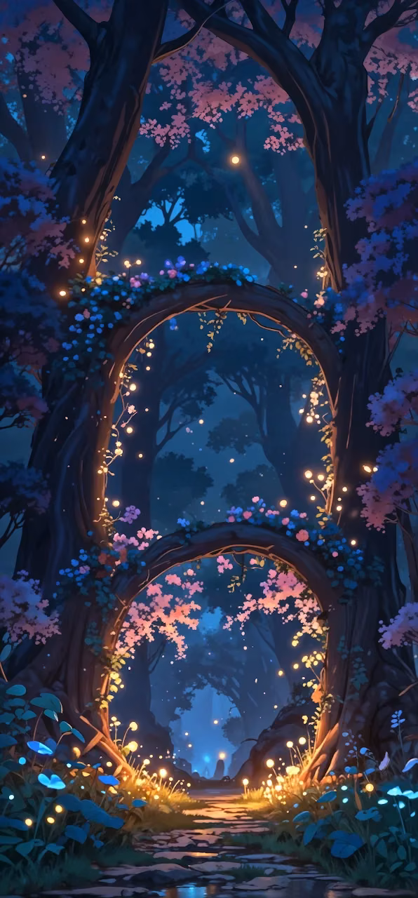 Enchanted Forest Path with Glowing Flower Arches - Free Mobile AMOLED Wallpaper Background