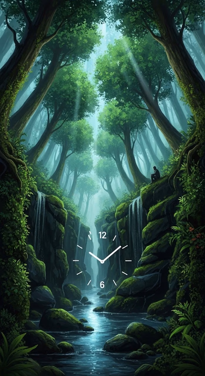 Enchanted Forest Stream with Ethereal Light Rays - Free Mobile AMOLED Wallpaper Background