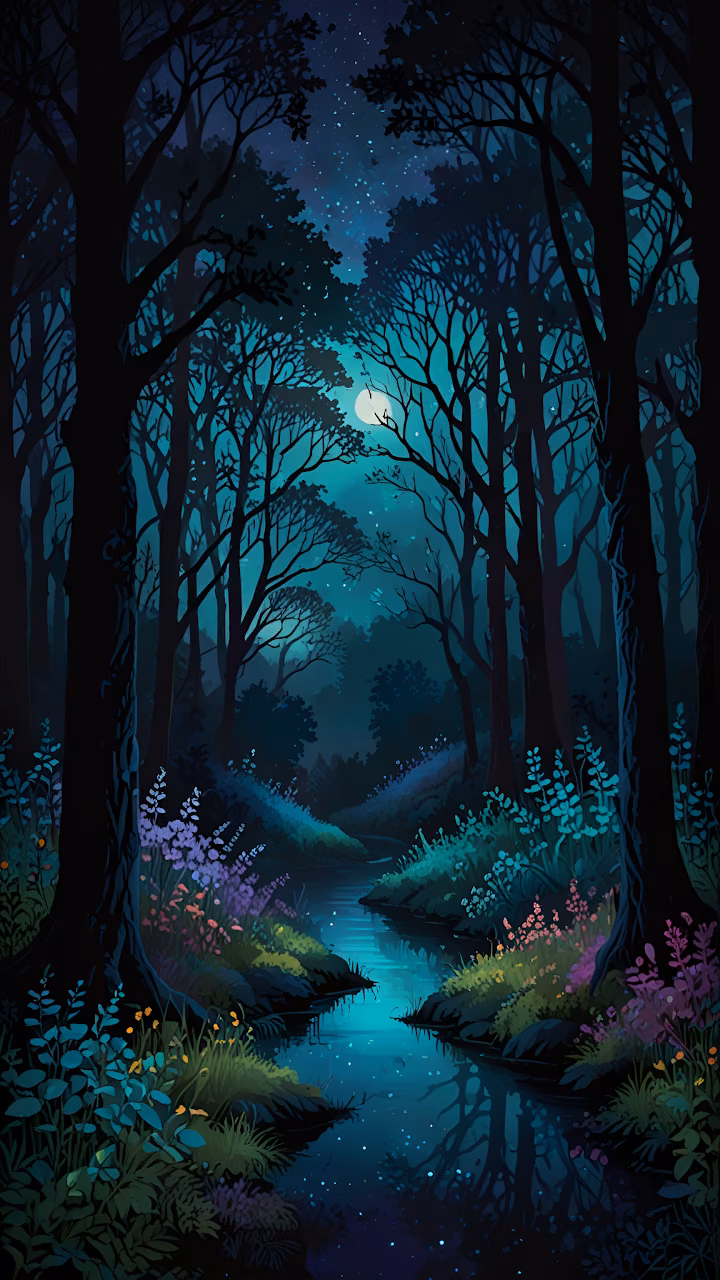 Enchanted Forest Stream Moonlight Illustration - Free Mobile AMOLED Wallpaper Background