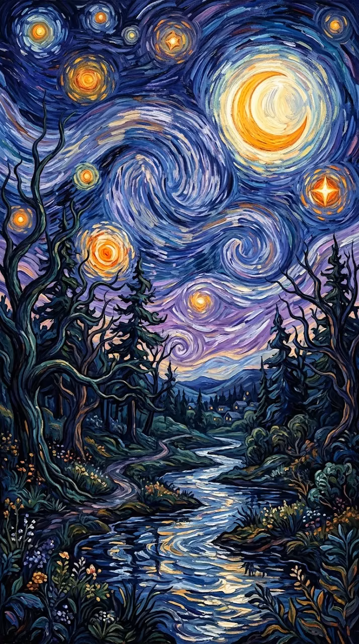 Enchanted Forest Under Moonlit Sky in Van Gogh Style - Free Mobile AMOLED Wallpaper Background