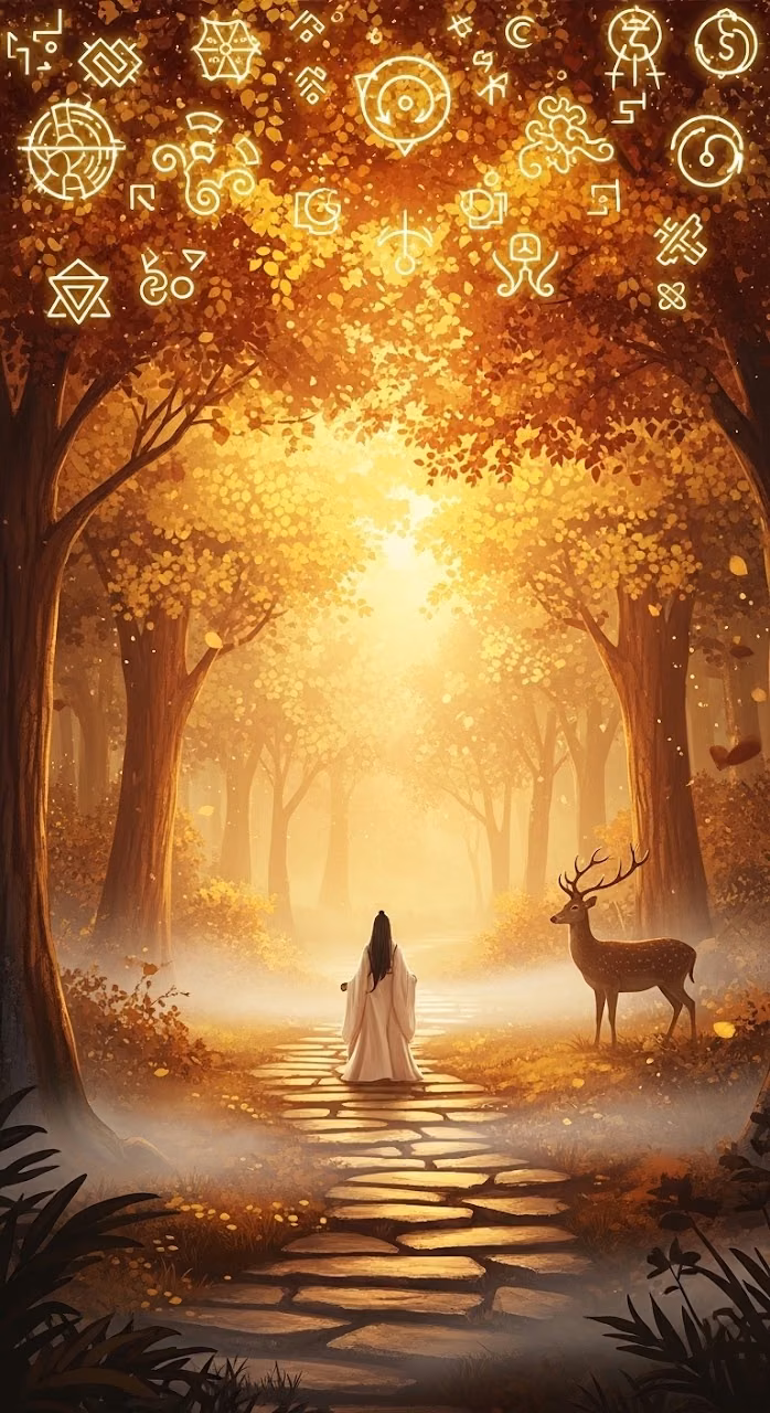 Enchanted Golden Forest with Celestial Canopy - Free Mobile AMOLED Wallpaper Background
