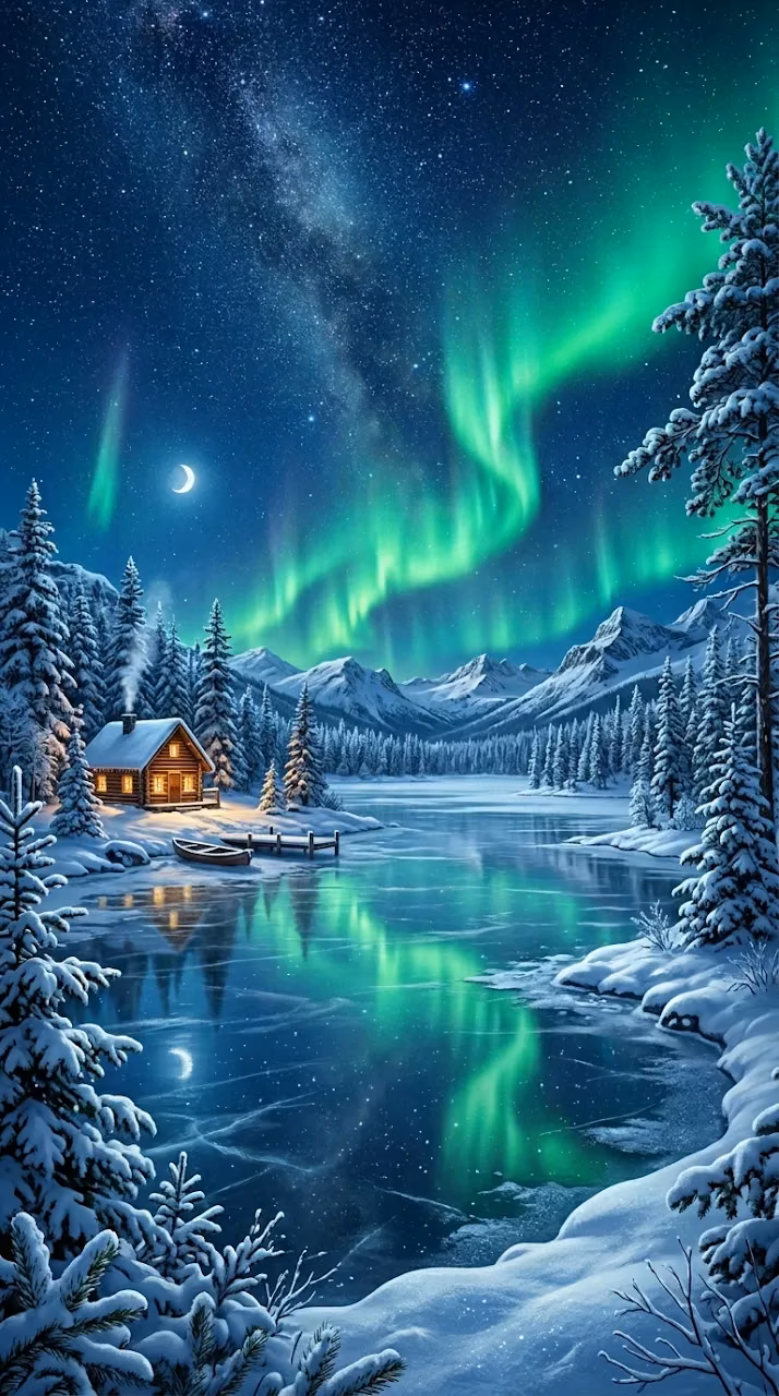 Download Enchanting Aurora Borealis Over a Frozen Lake Wallpaper in Mobile HD Enchanting Aurora Borealis Over a Frozen Lake - Free Mobile AMOLED Wallpaper Background