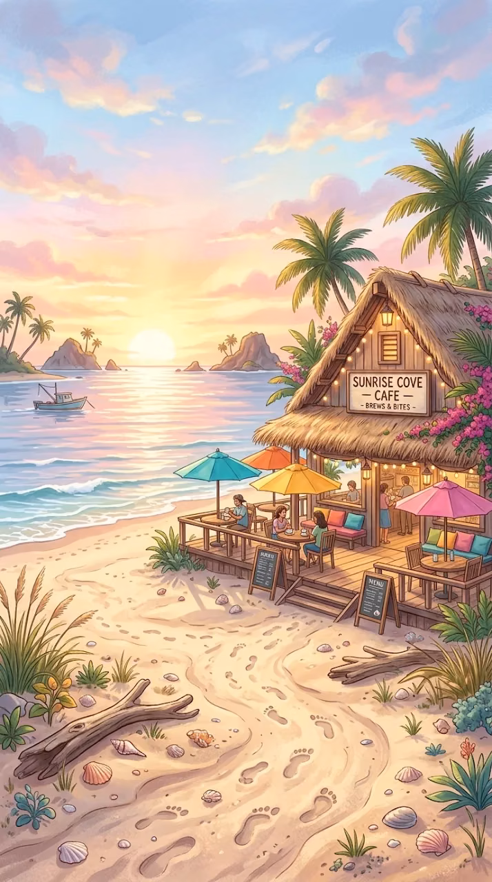 Enchanting Beachside Cafe at Sunrise with Seascape - Free Mobile AMOLED Wallpaper Background