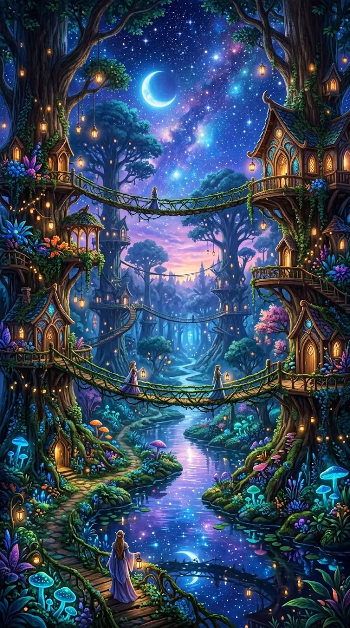Enchanting Forest Kingdom with Treehouses Vine Bridges and River - Free Mobile AMOLED Wallpaper Background