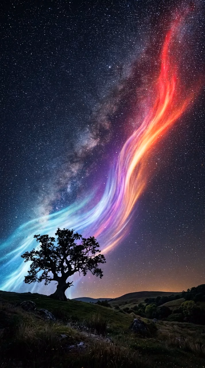 Download Enchanting Night Landscape with Bicolor Light Wave and Tree Silhouette Wallpaper in Mobile HD Enchanting Night Landscape with Bicolor Light Wave and Tree Silhouette - Free Mobile AMOLED Wallpaper Background