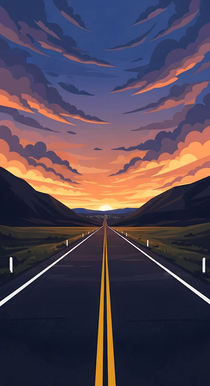 Endless Sunset Highway Minimalist Vector Landscape Art - Free Mobile AMOLED Wallpaper Background