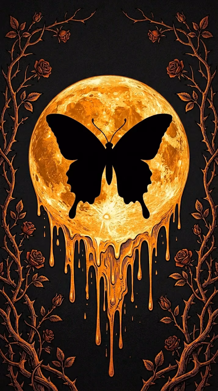Engraved Butterfly Silhouette on Dripping Orange Eclipse Moon - Free Mobile AMOLED Wallpaper Background