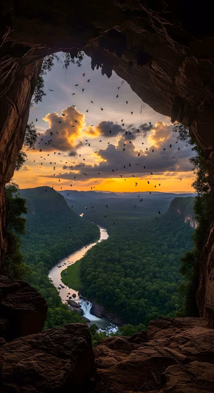Epic Cave View Over Lush Jungle Valley Sunset Landscape - Free Mobile AMOLED Wallpaper Background