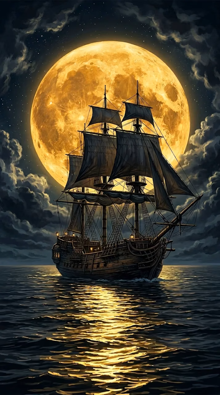 Download Epic Digital Illustration of a Tall Ship Sailing Before a Giant Moon Wallpaper in Mobile HD Epic Digital Illustration of a Tall Ship Sailing Before a Giant Moon - Free Mobile AMOLED Wallpaper Background