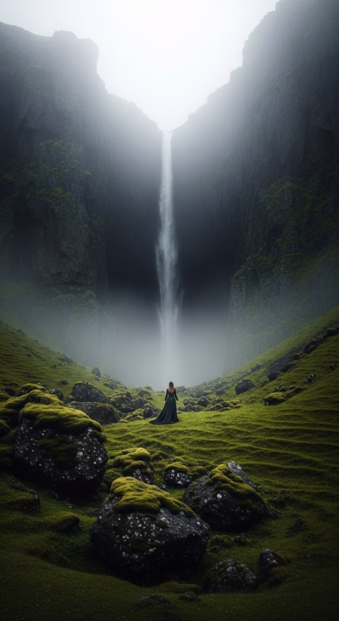 Download Epic Fantasy Landscape of a Solitary Woman in a Dark Dress Walking on a Green Hillside Below Misty Cliffs Wallpaper in Mobile HD Epic Fantasy Landscape of a Solitary Woman in a Dark Dress Walking on a Green Hillside Below Misty Cliffs - Free Mobile AMOLED Wallpaper Background