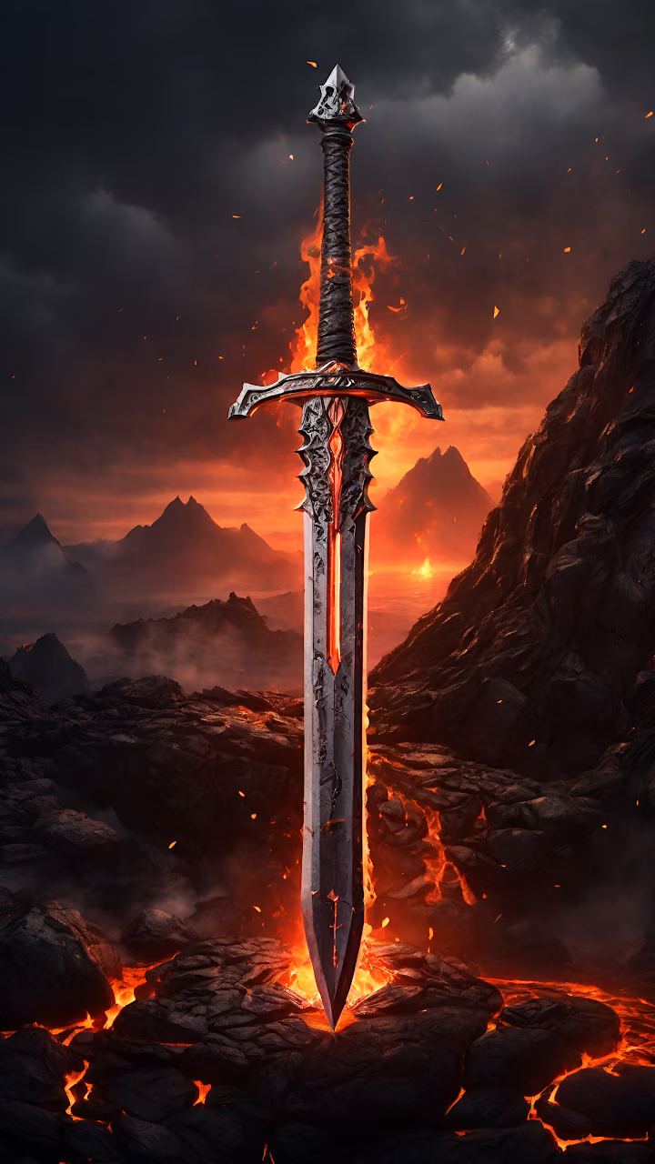 Epic Fantasy Sword Lava Volcano Dark Realm Weapon - Free Mobile AMOLED Wallpaper Background