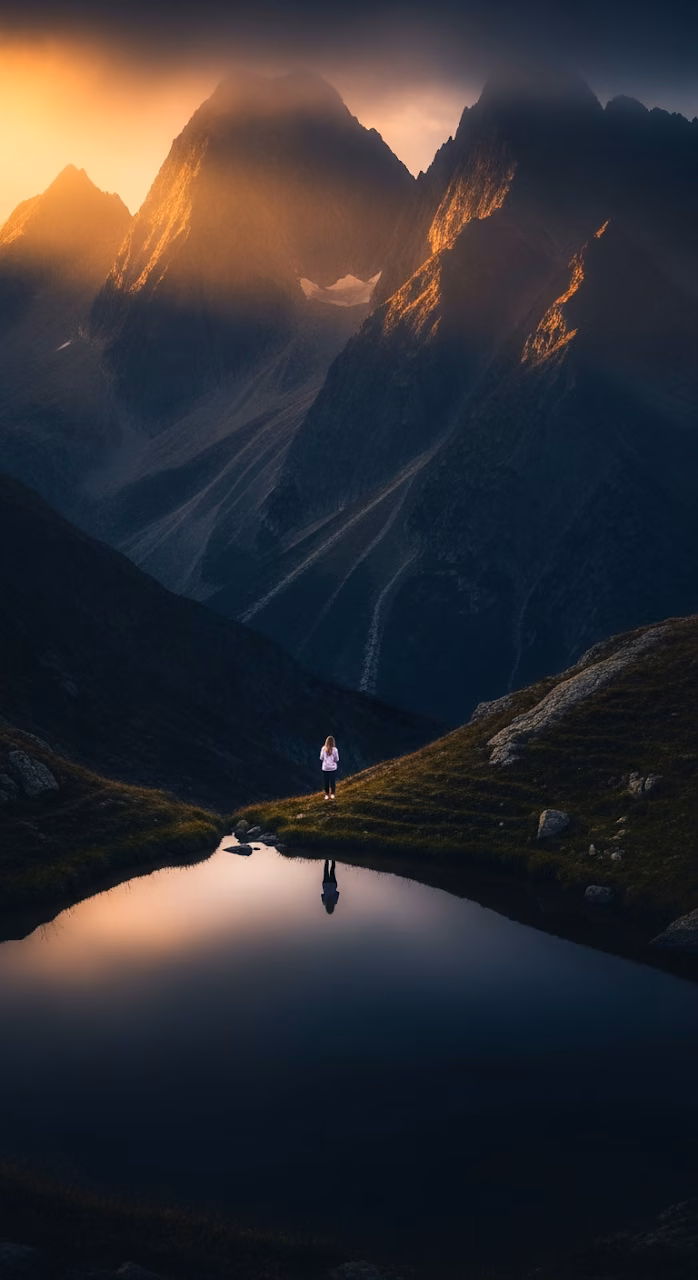 Epic Fantasy View of a Solitary Figure by a Dark Alpine Lake with Towering, Sunlit Peaks at Dawn - Free Mobile AMOLED Wallpaper Background