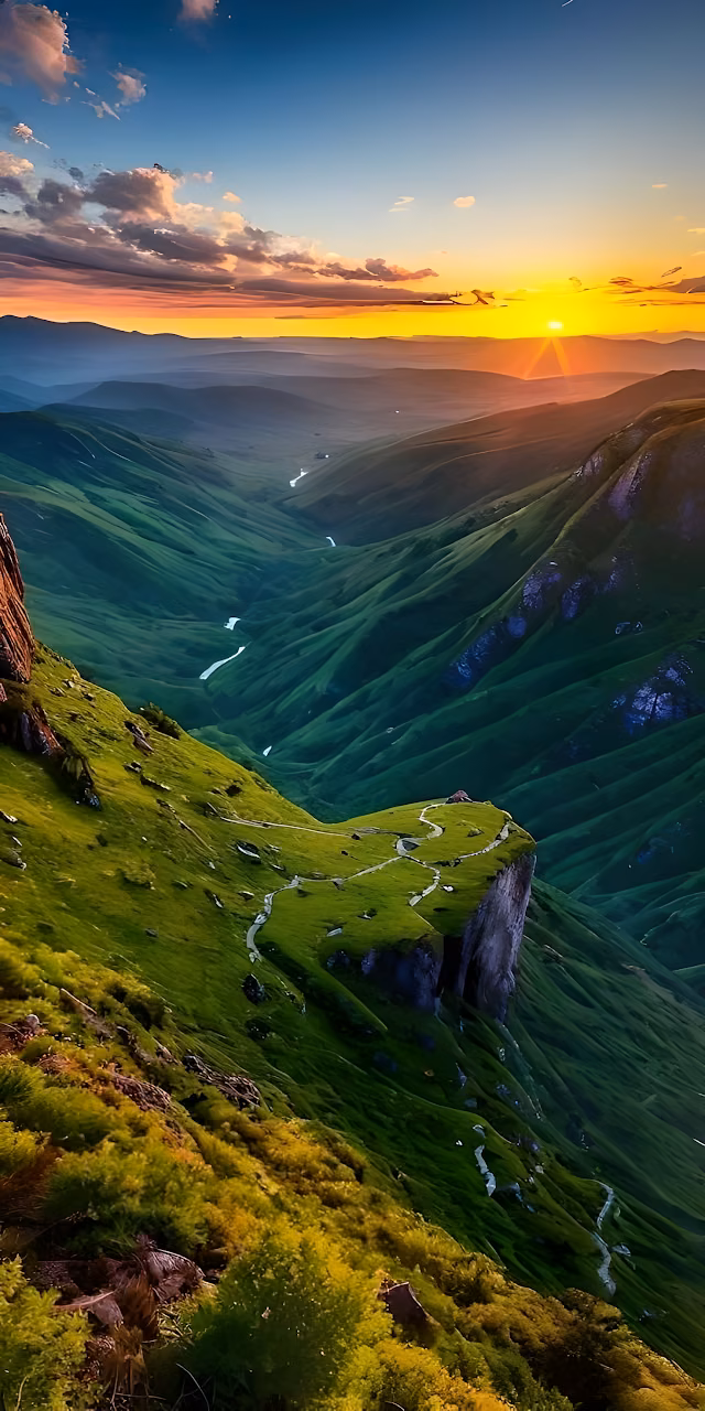 Download Epic Green Mountain Valley Vista at Golden Hour Sunset Wallpaper in Mobile HD Epic Green Mountain Valley Vista at Golden Hour Sunset - Free Mobile AMOLED Wallpaper Background
