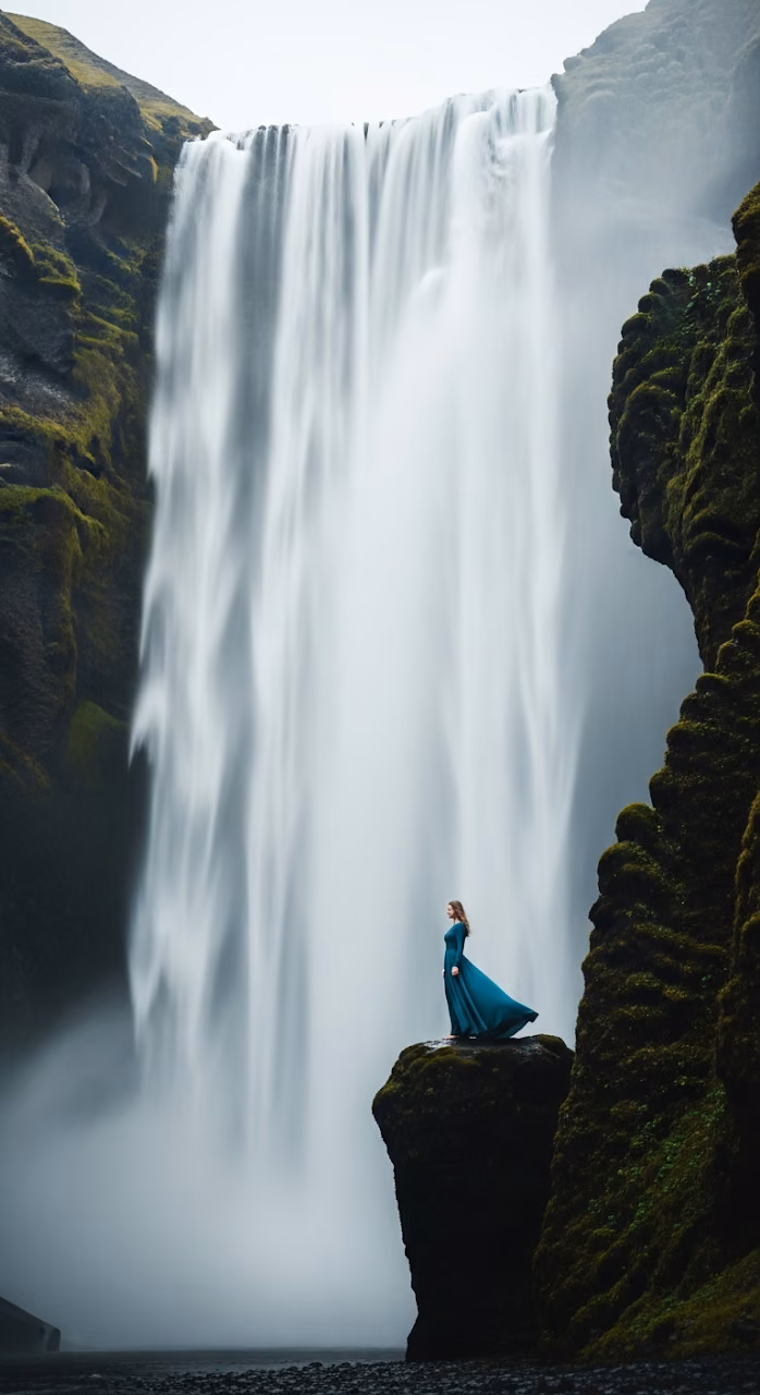 Download Epic and Majestic View of a Solitary Woman on a Rock Ledge Below a Colossal Misty Waterfall Wallpaper in Mobile HD Epic and Majestic View of a Solitary Woman on a Rock Ledge Below a Colossal Misty Waterfall - Free Mobile AMOLED Wallpaper Background