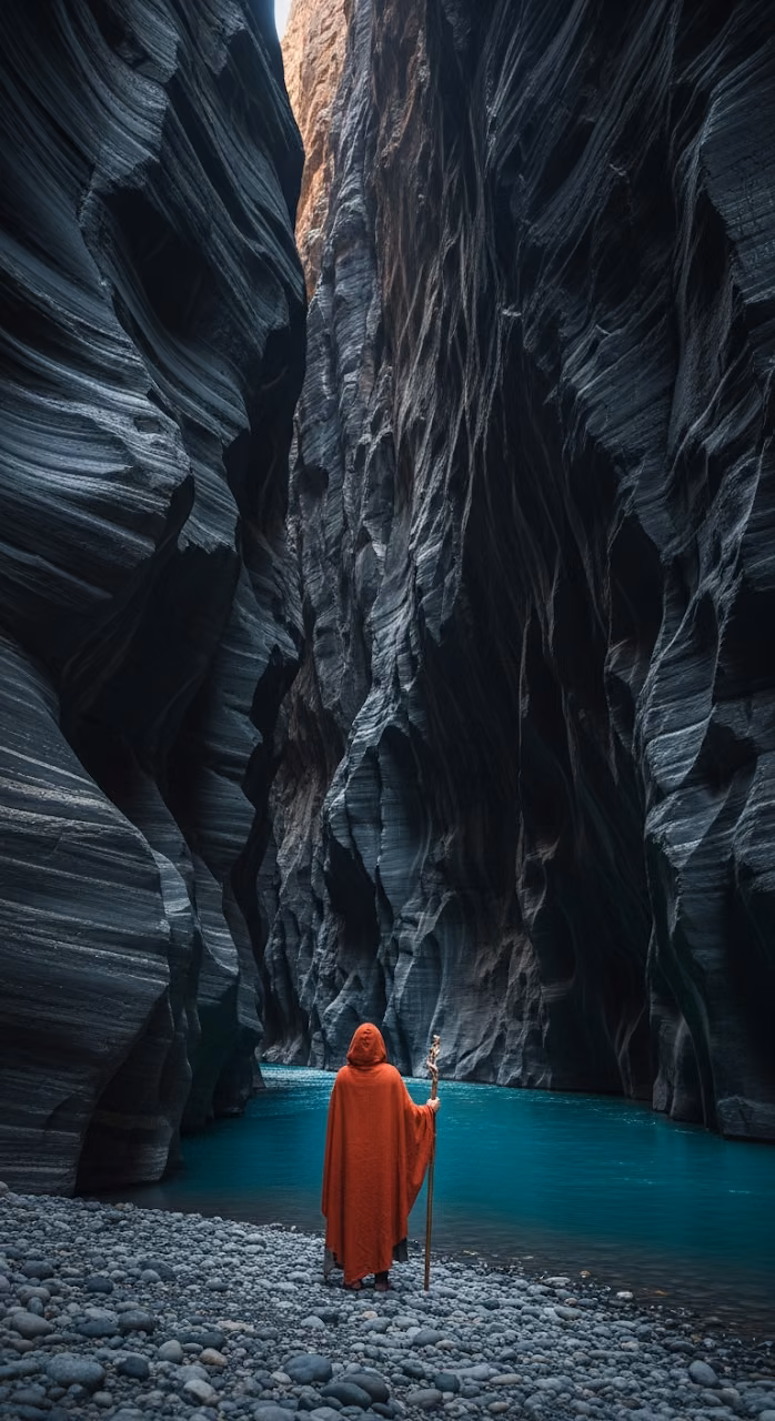 Download Epic and Moody View of a Person in an Orange Cloak Standing by a Turquoise River in a Deep Slot Canyon Wallpaper in Mobile HD Epic and Moody View of a Person in an Orange Cloak Standing by a Turquoise River in a Deep Slot Canyon - Free Mobile AMOLED Wallpaper Background
