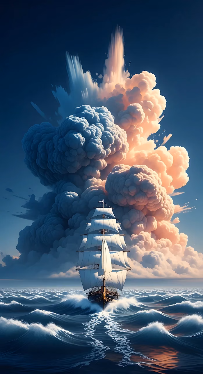 Epic Sailing Ship Dramatic Cloud Explosion Art - Free Mobile AMOLED Wallpaper Background