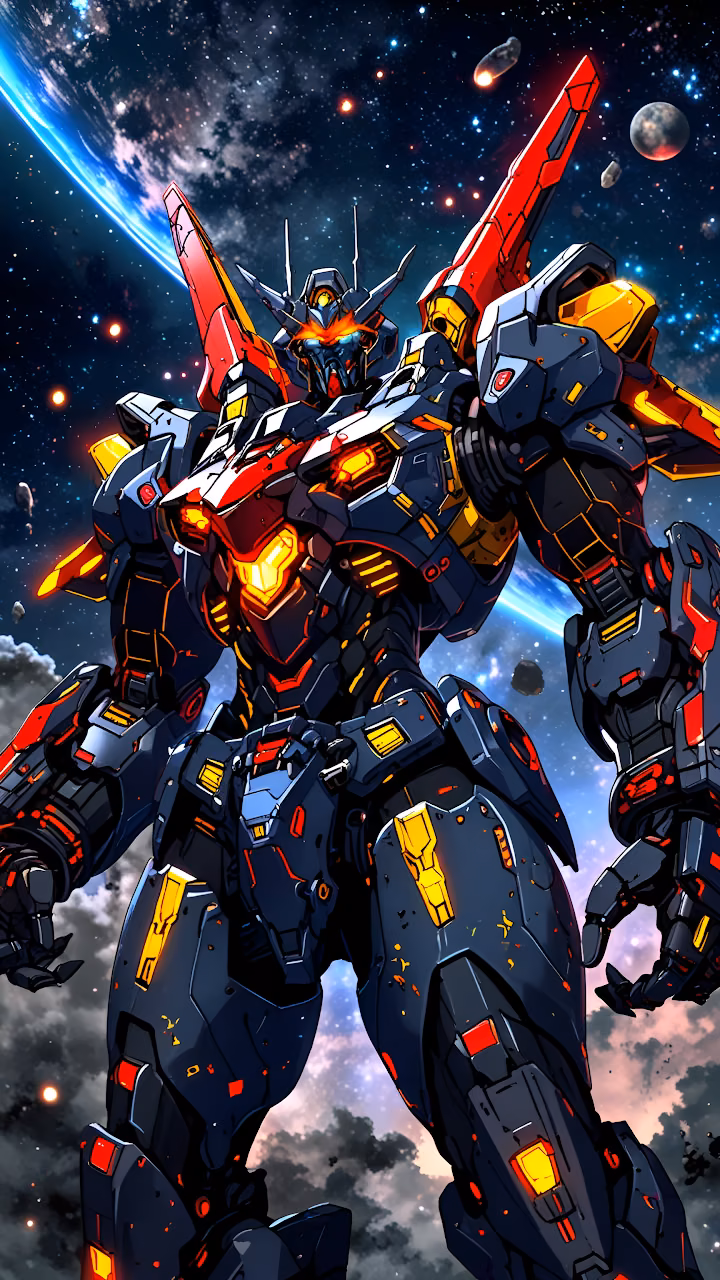 Download Epic Sci-Fi Mecha Robot Warrior Floating in Galactic Space Wallpaper in Mobile HD Epic Sci-Fi Mecha Robot Warrior Floating in Galactic Space - Free Mobile AMOLED Wallpaper Background