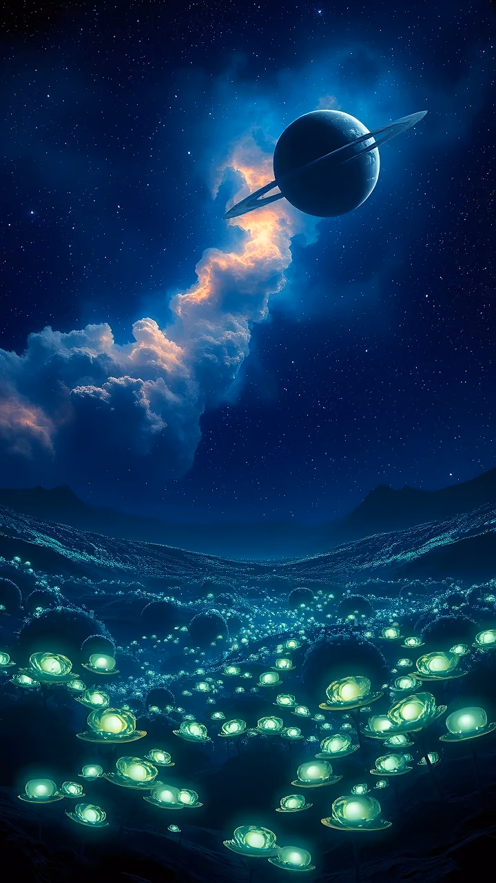 Ethereal Alien World with Glowing Flora and Cosmic Nebula Sky - Free Mobile AMOLED Wallpaper Background