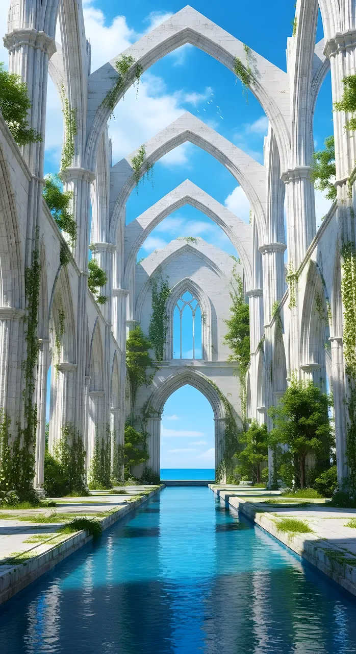 Download Ethereal Ancient Ruins Overgrown Arches Turquoise Canal Wallpaper in Mobile HD Ethereal Ancient Ruins Overgrown Arches Turquoise Canal - Free Mobile AMOLED Wallpaper Background