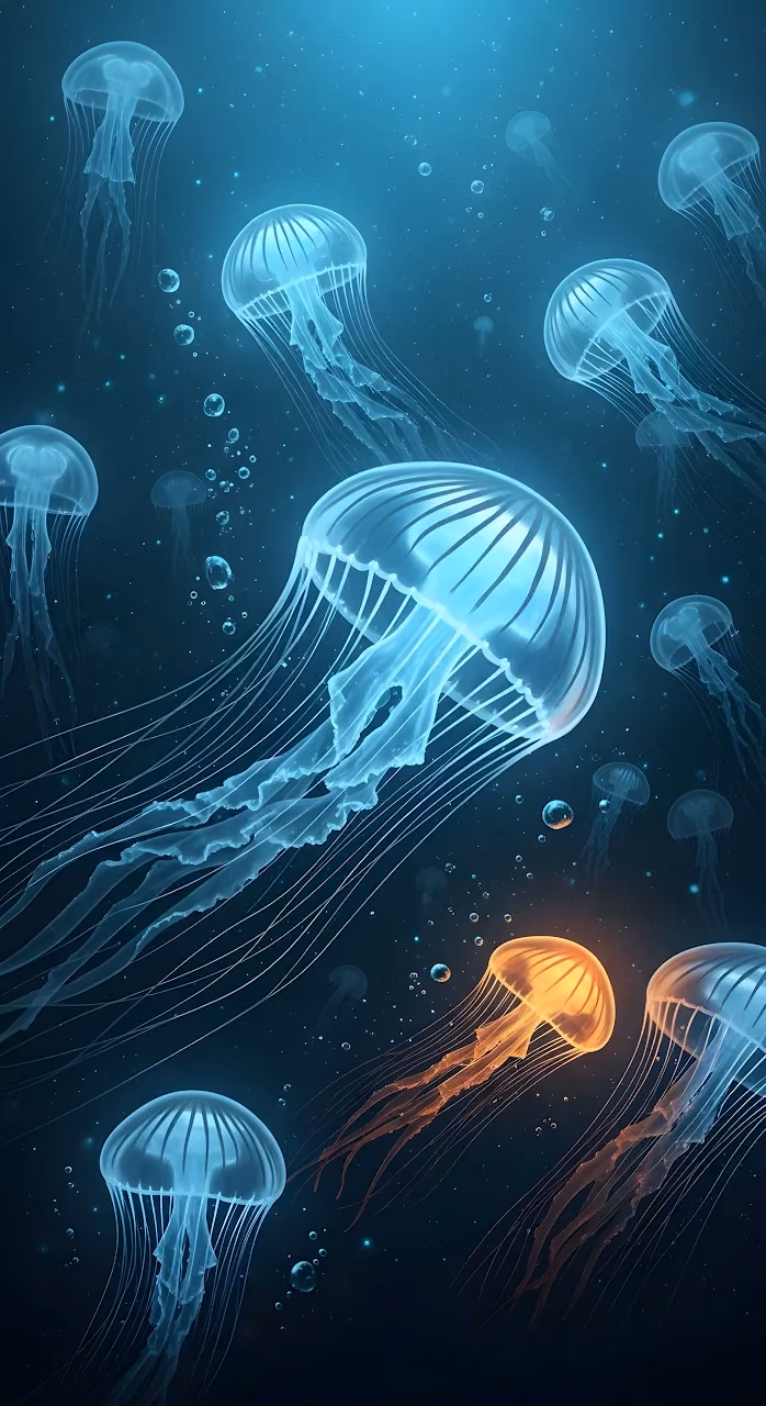 Ethereal Bioluminescent Jellyfish Swarm in Deep Ocean - Free Mobile AMOLED Wallpaper Background