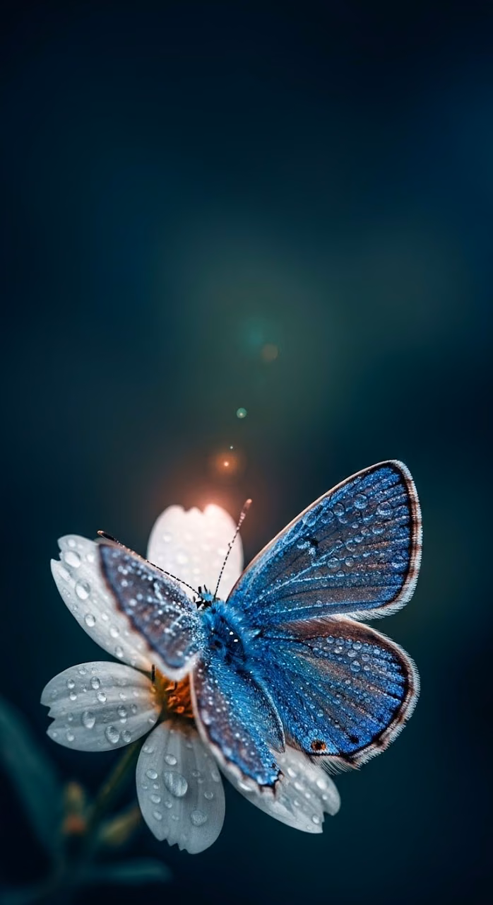 Ethereal Blue Butterfly on Glowing White Flower with Dew - Free Mobile AMOLED Wallpaper Background
