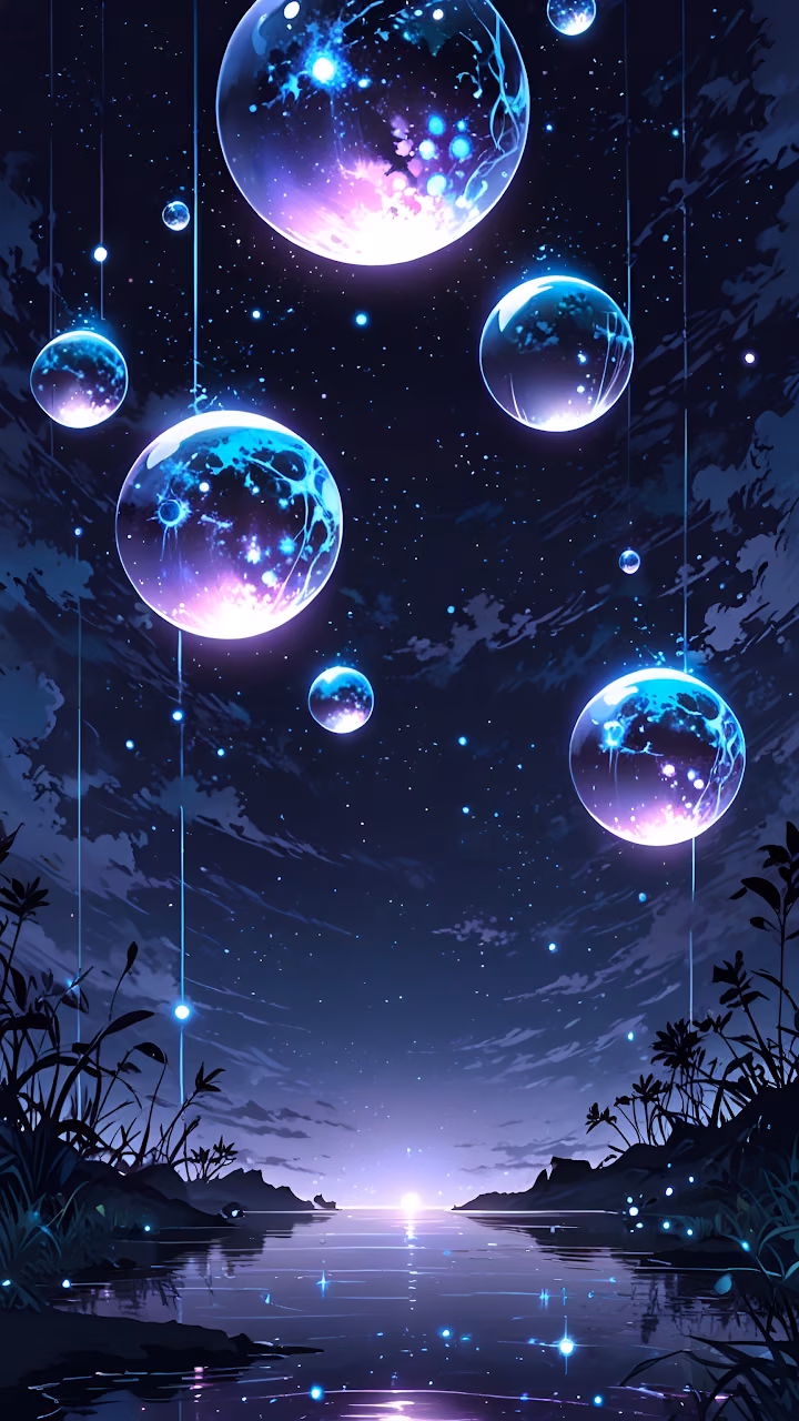 Ethereal Cosmic Spheres Floating Above Reflective Night Water - Free Mobile AMOLED Wallpaper Background