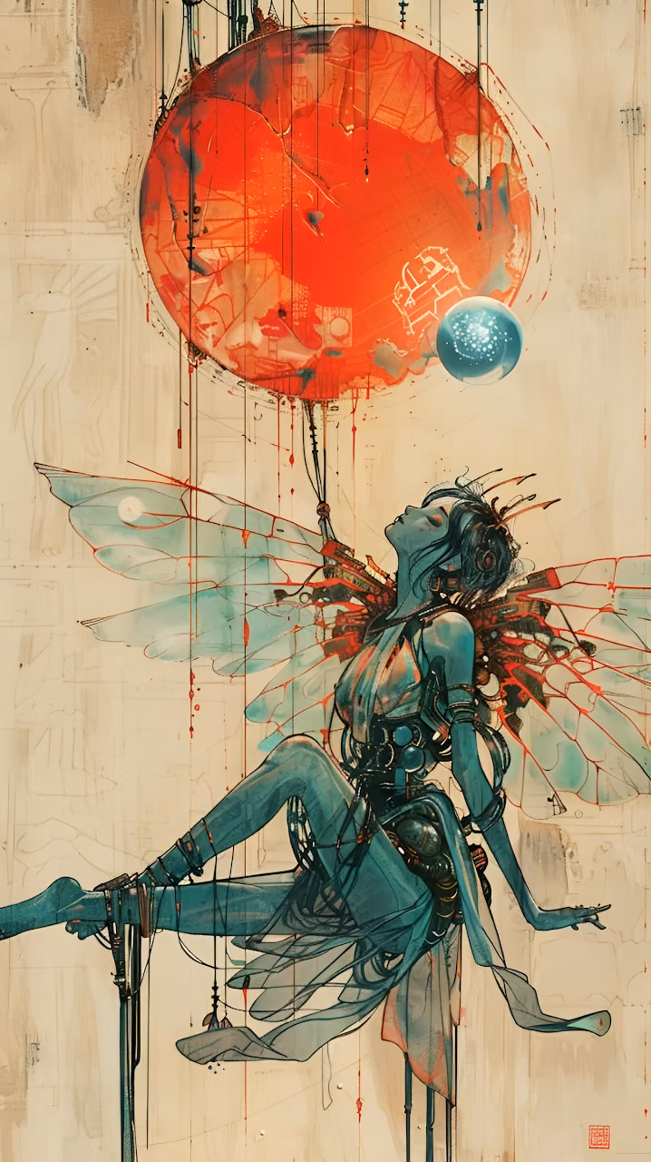 Ethereal Cybernetic Fairy Under Bleeding Red Sun Art - Free Mobile AMOLED Wallpaper Background