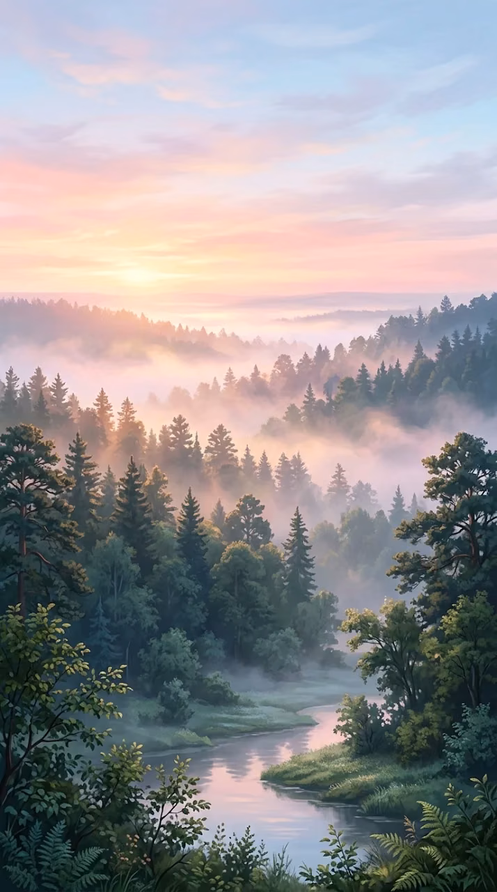 Ethereal Dawn Over Lush Forest with Misty Clouds - Free Mobile AMOLED Wallpaper Background