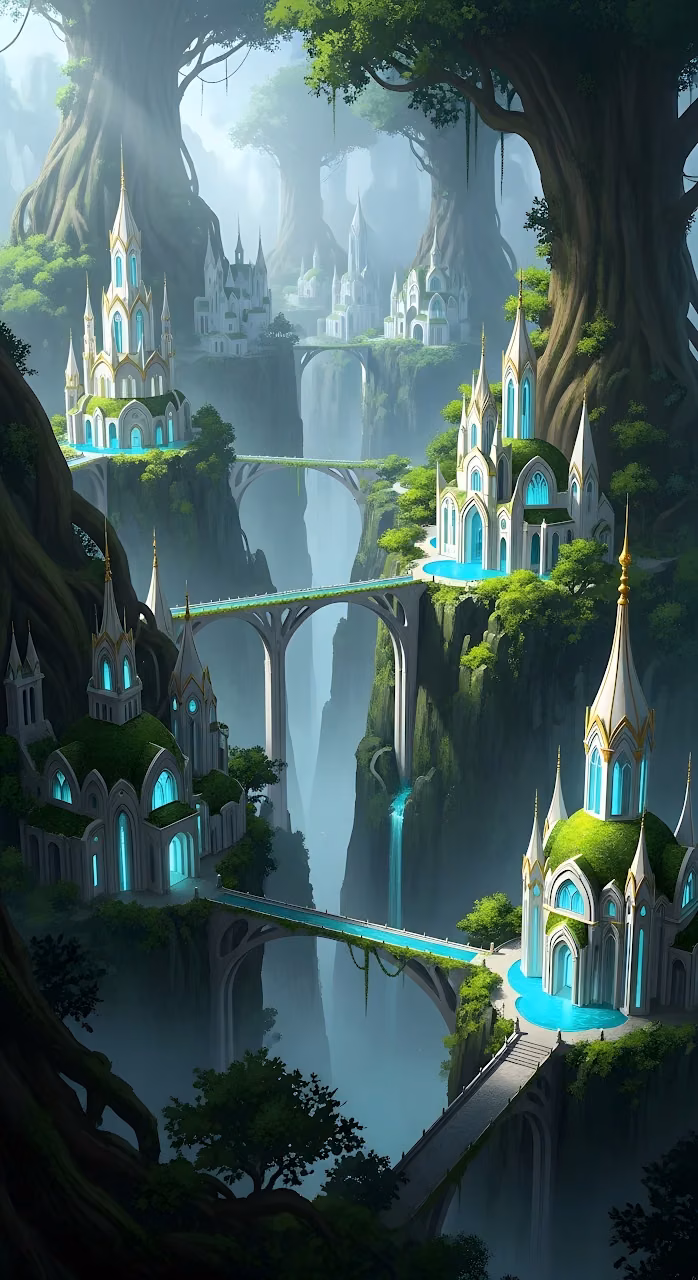 Download Ethereal Elven City Built into Giant Tree Roots Wallpaper in Mobile HD Ethereal Elven City Built into Giant Tree Roots - Free Mobile AMOLED Wallpaper Background