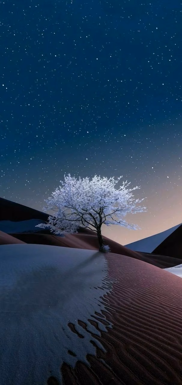 Ethereal Frosted Tree Under Starry Desert Night Sky - Free 4K Desktop Wallpaper Background