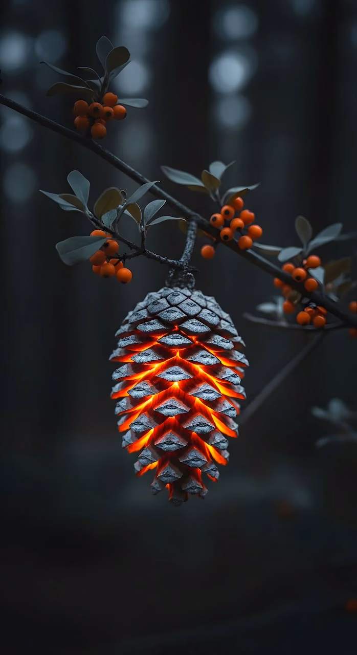 Download Ethereal Glowing Pinecone Lantern on Dark Forest Branch Wallpaper in Mobile HD Ethereal Glowing Pinecone Lantern on Dark Forest Branch - Free Mobile AMOLED Wallpaper Background