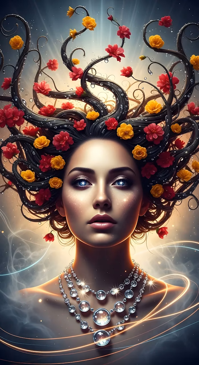 Ethereal Goddess Portrait with Floral Vine Hair and Diamonds - Free Mobile AMOLED Wallpaper Background