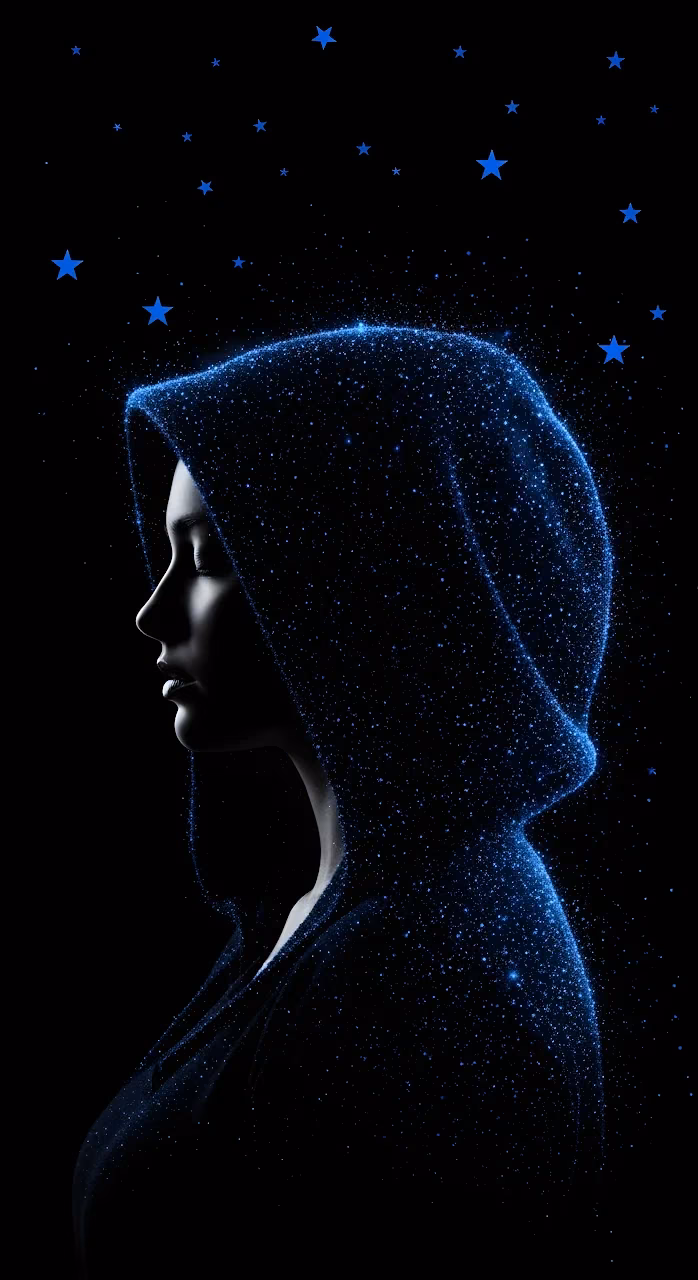 Download Ethereal Hooded Silhouette Blue Particle Digital Art Wallpaper in Mobile HD Ethereal Hooded Silhouette Blue Particle Digital Art - Free Mobile AMOLED Wallpaper Background