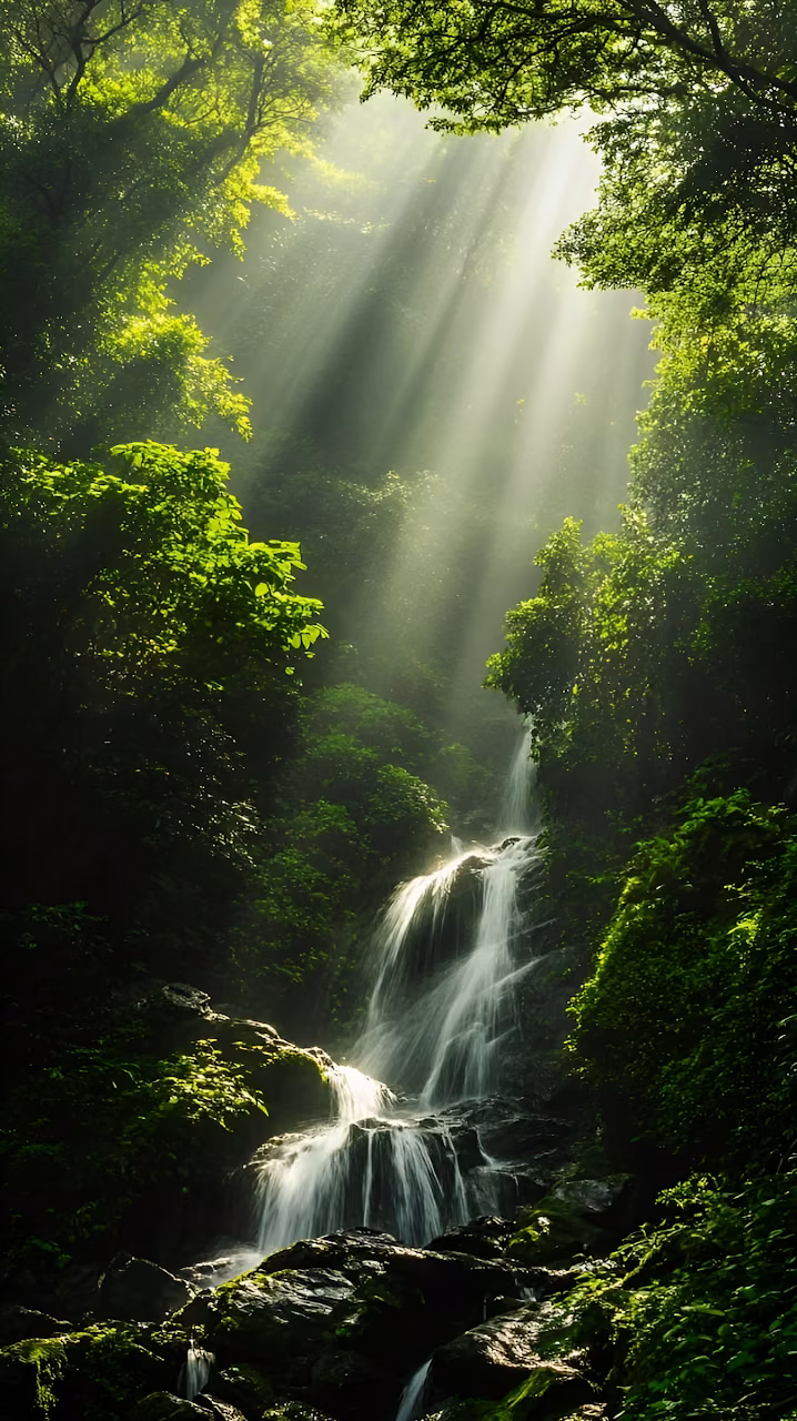 Ethereal Jungle Waterfall with Sunbeams and Lush Foliage - Free Mobile AMOLED Wallpaper Background