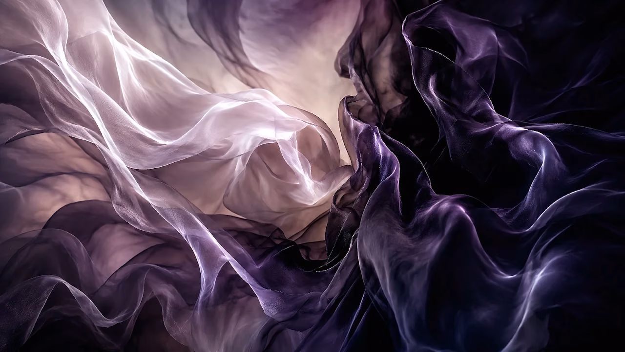 Download Ethereal Lavender Silk Waves Abstract 4K Wallpaper in 4K UHD Dynamic billowing folds of dark purple and semi-sheer lavender fabric in ambient light.