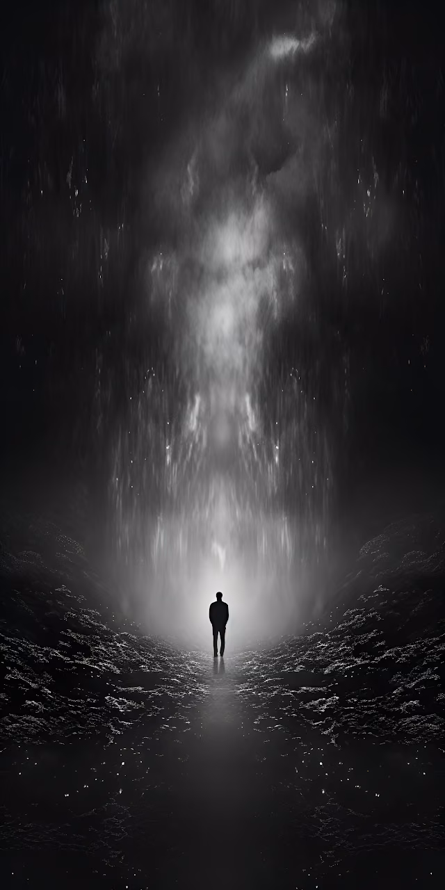 Ethereal Light Chasm Figure Dark Monochrome Art - Free Mobile AMOLED Wallpaper Background