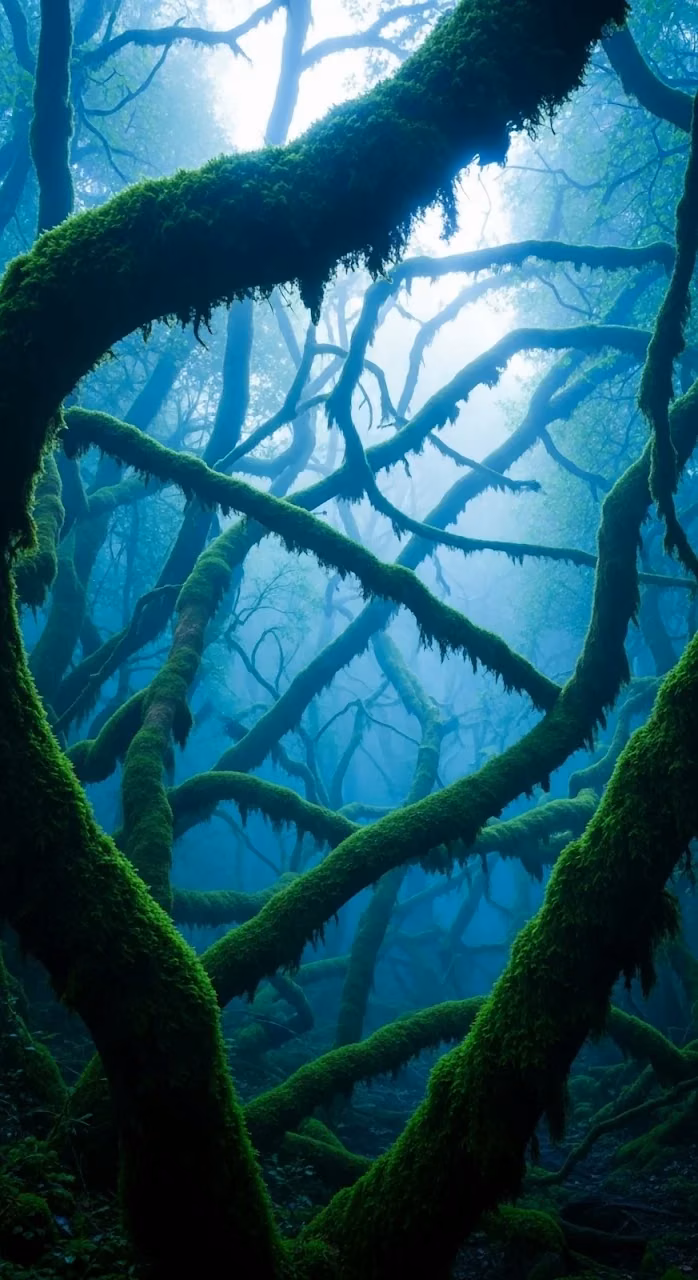 Download Ethereal Moss-Covered Forest in Blue Mist and Fog Wallpaper in Mobile HD Ethereal Moss-Covered Forest in Blue Mist and Fog - Free Mobile AMOLED Wallpaper Background