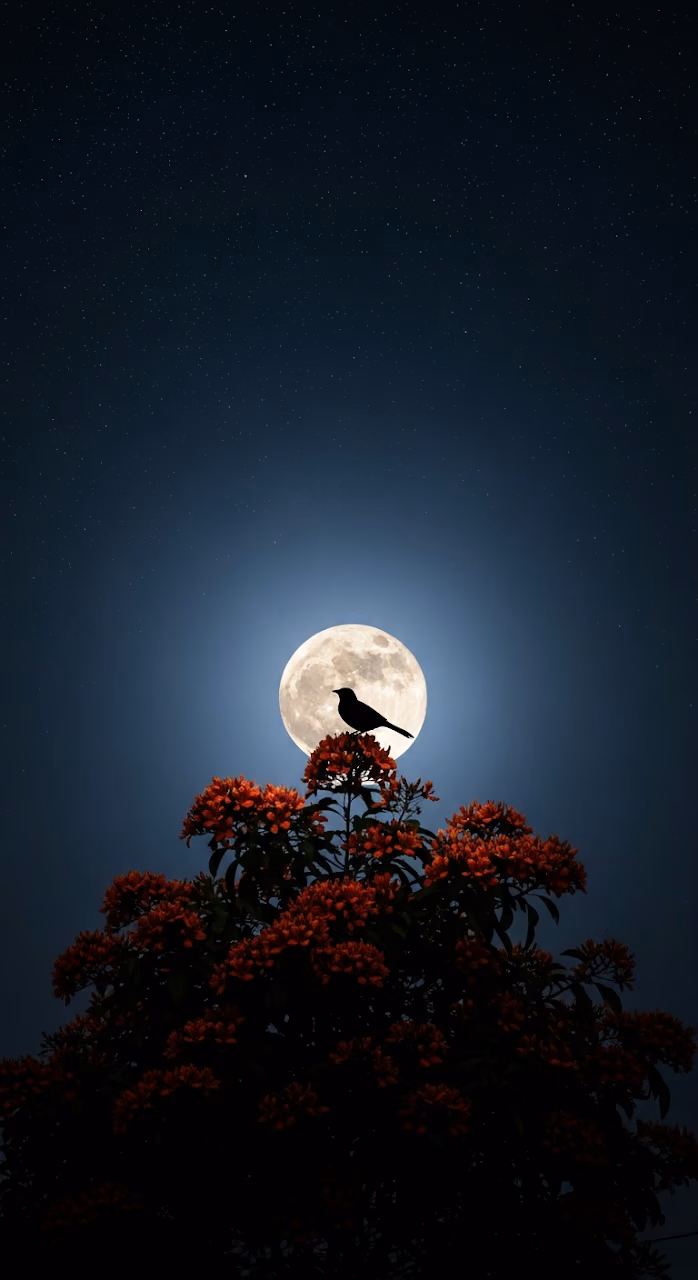 Download Ethereal Night Scene of a Bird Silhouette on Red Flowers Against a Large Full Moon and Starry Sky Wallpaper in Mobile HD Ethereal Night Scene of a Bird Silhouette on Red Flowers Against a Large Full Moon and Starry Sky - Free Mobile AMOLED Wallpaper Background