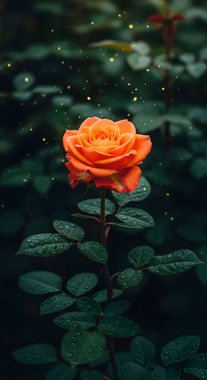 Ethereal Orange Rose Bloom with Golden Bokeh Sparks - Free Mobile AMOLED Wallpaper Background