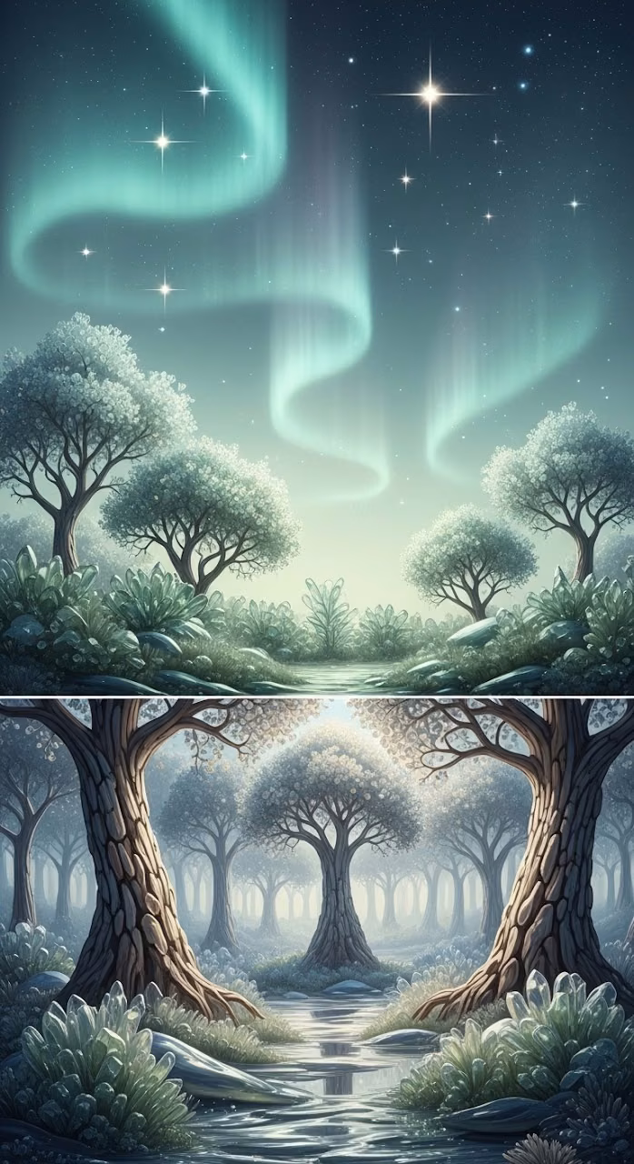 Download Ethereal Shimmering Glass Forest under Aurora Wallpaper in Mobile HD Ethereal Shimmering Glass Forest under Aurora - Free Mobile AMOLED Wallpaper Background