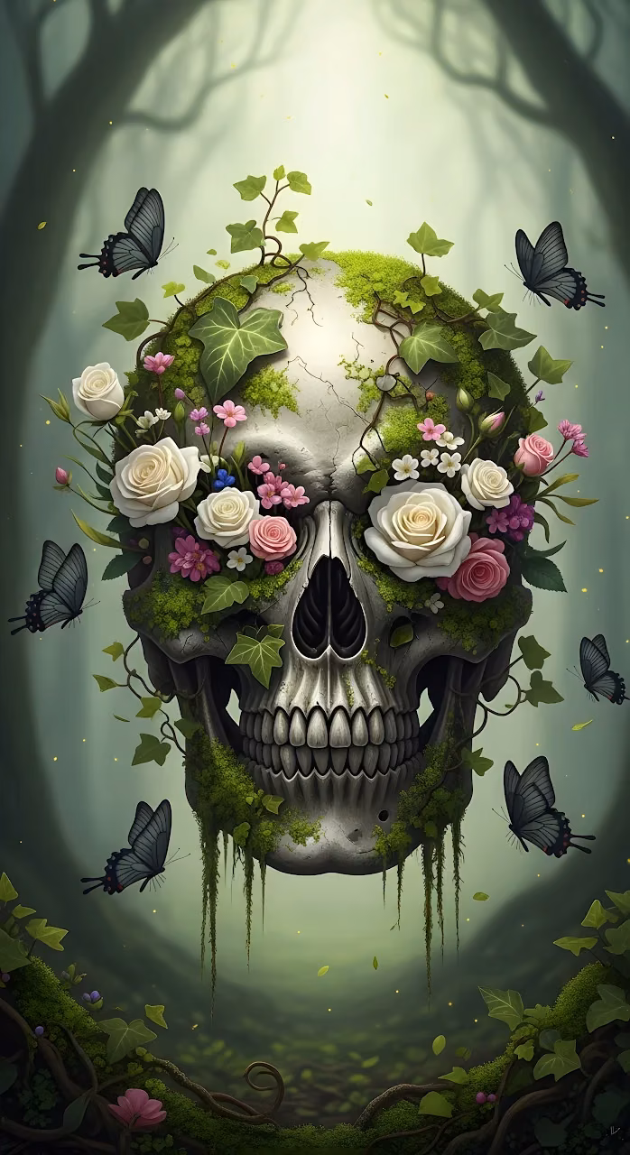 Ethereal Skull Adorned with Roses and Ivy in a Misty Forest - Free Mobile AMOLED Wallpaper Background
