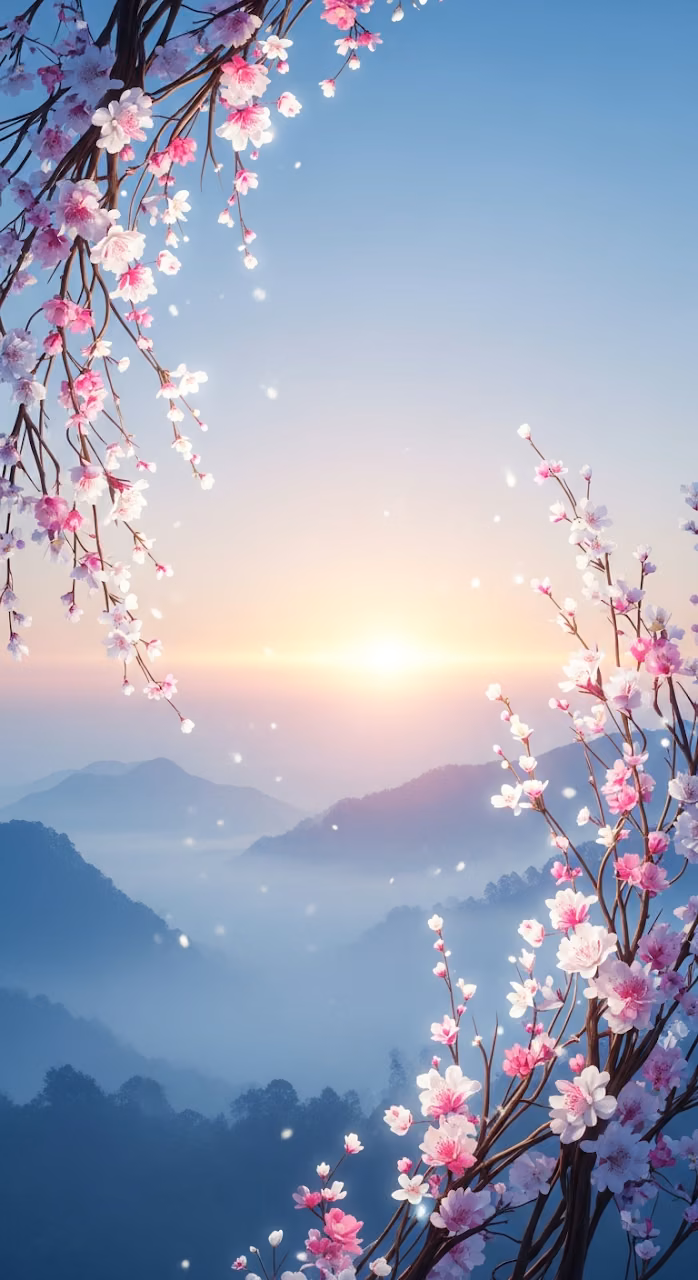Ethereal Sunset Landscape with Misty Mountains and Flowing Cherry Blossom Branches - Free Mobile AMOLED Wallpaper Background
