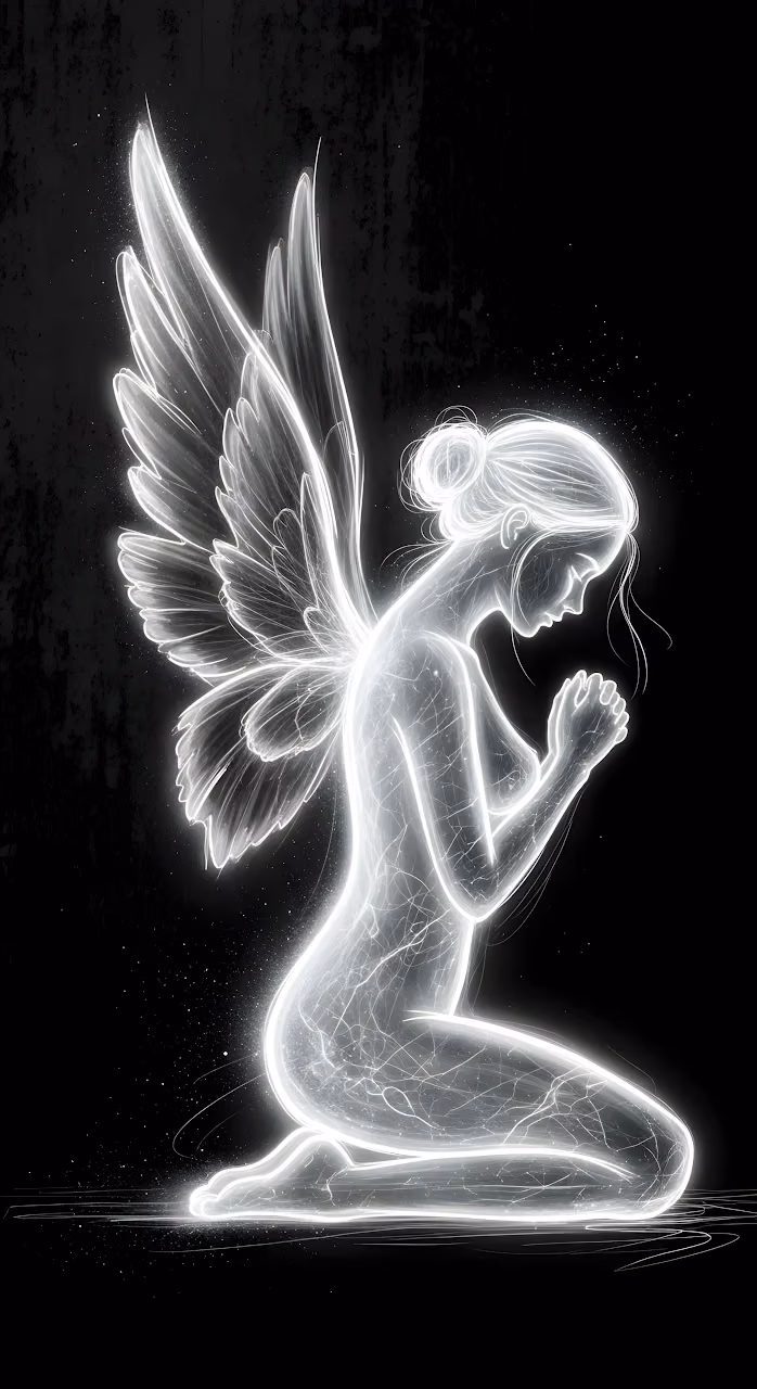 Ethereal White Angel Kneeling in Prayer Glow Art - Free Mobile AMOLED Wallpaper Background