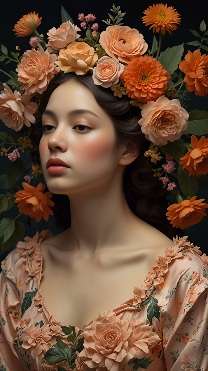Ethereal Woman Portrait with Peach Floral Crown - Free Mobile AMOLED Wallpaper Background