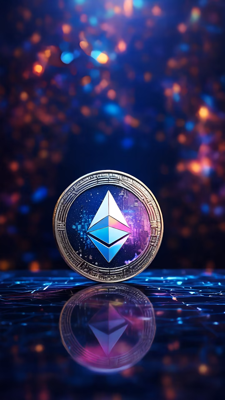 Ethereum Coin Glowing on Reflective Digital Surface - Free Mobile AMOLED Wallpaper Background