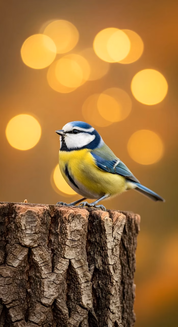 Eurasian Blue Tit Bird Perched Golden Bokeh Nature - Free Mobile AMOLED Wallpaper Background