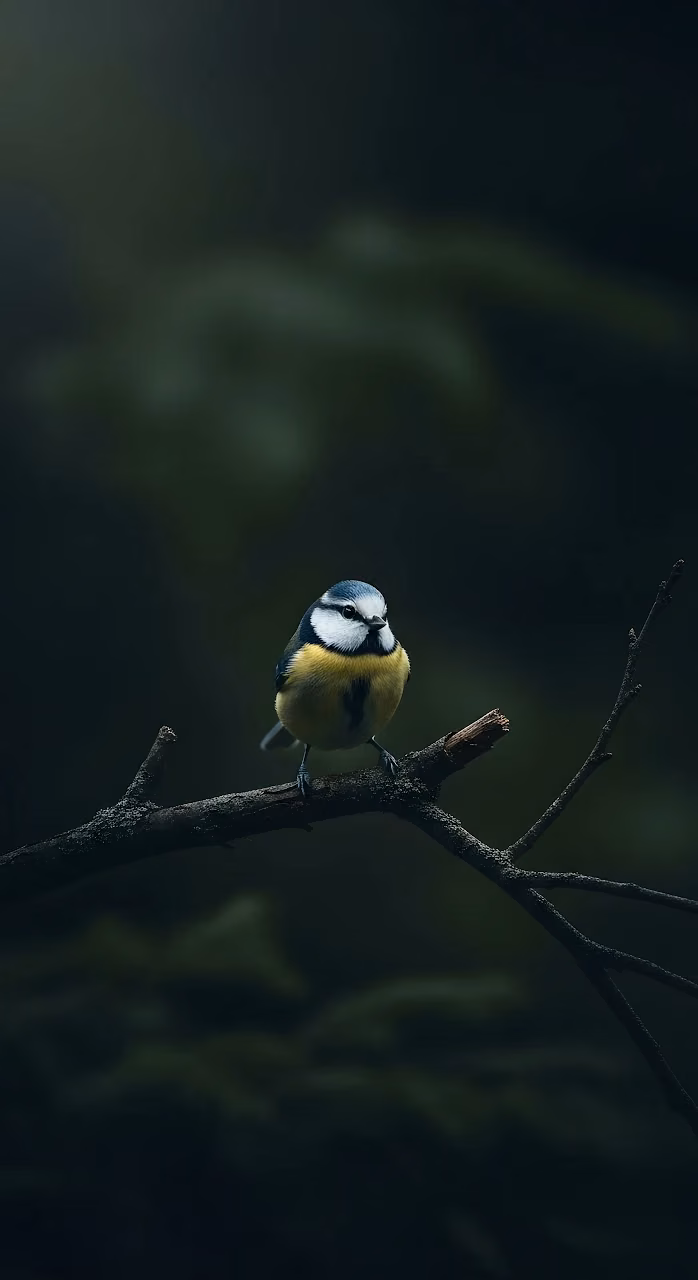 Eurasian Blue Tit on Dark Branch in Moody Forest - Free Mobile AMOLED Wallpaper Background