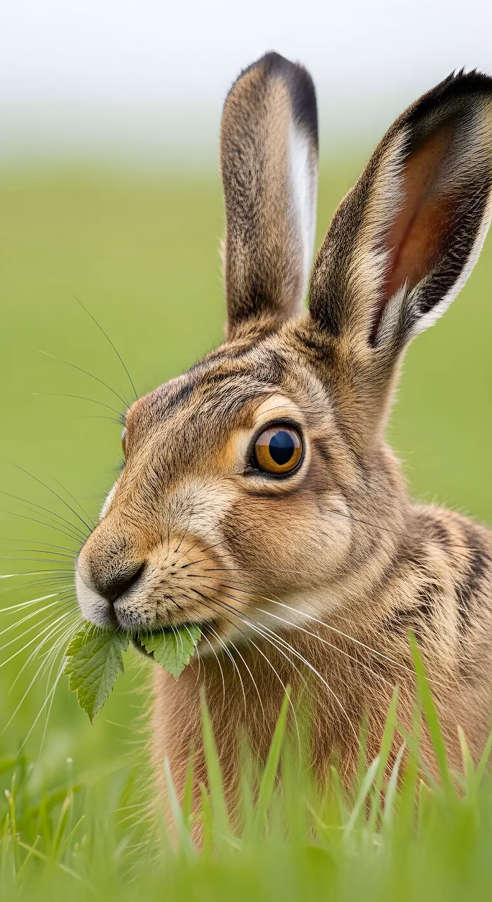 European Hare Portrait Eating Green Leaf in Meadow - Free Mobile AMOLED Wallpaper Background