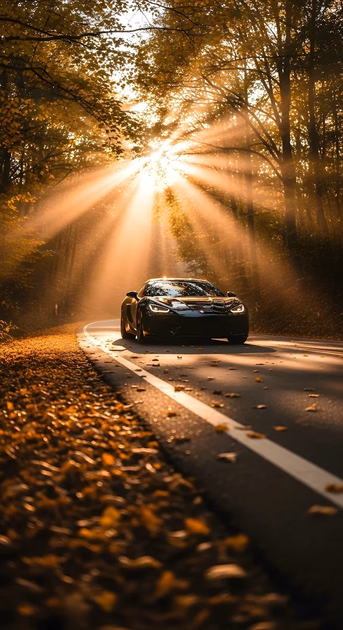 Exotic Sports Car Driving on Road in Autumn Forest Sun - Free Mobile AMOLED Wallpaper Background