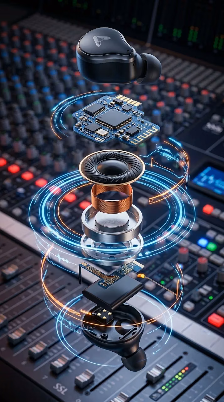 Exploded View of High-Tech Earbud Internal Speaker with Holographic UI - Free Mobile AMOLED Wallpaper Background
